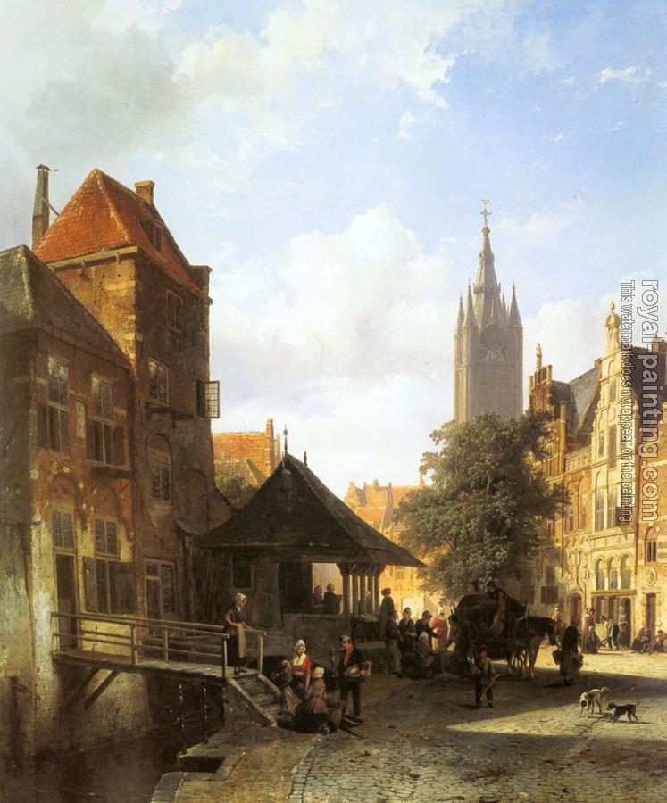 Cornelis Springer : Figures In A Street In Delft